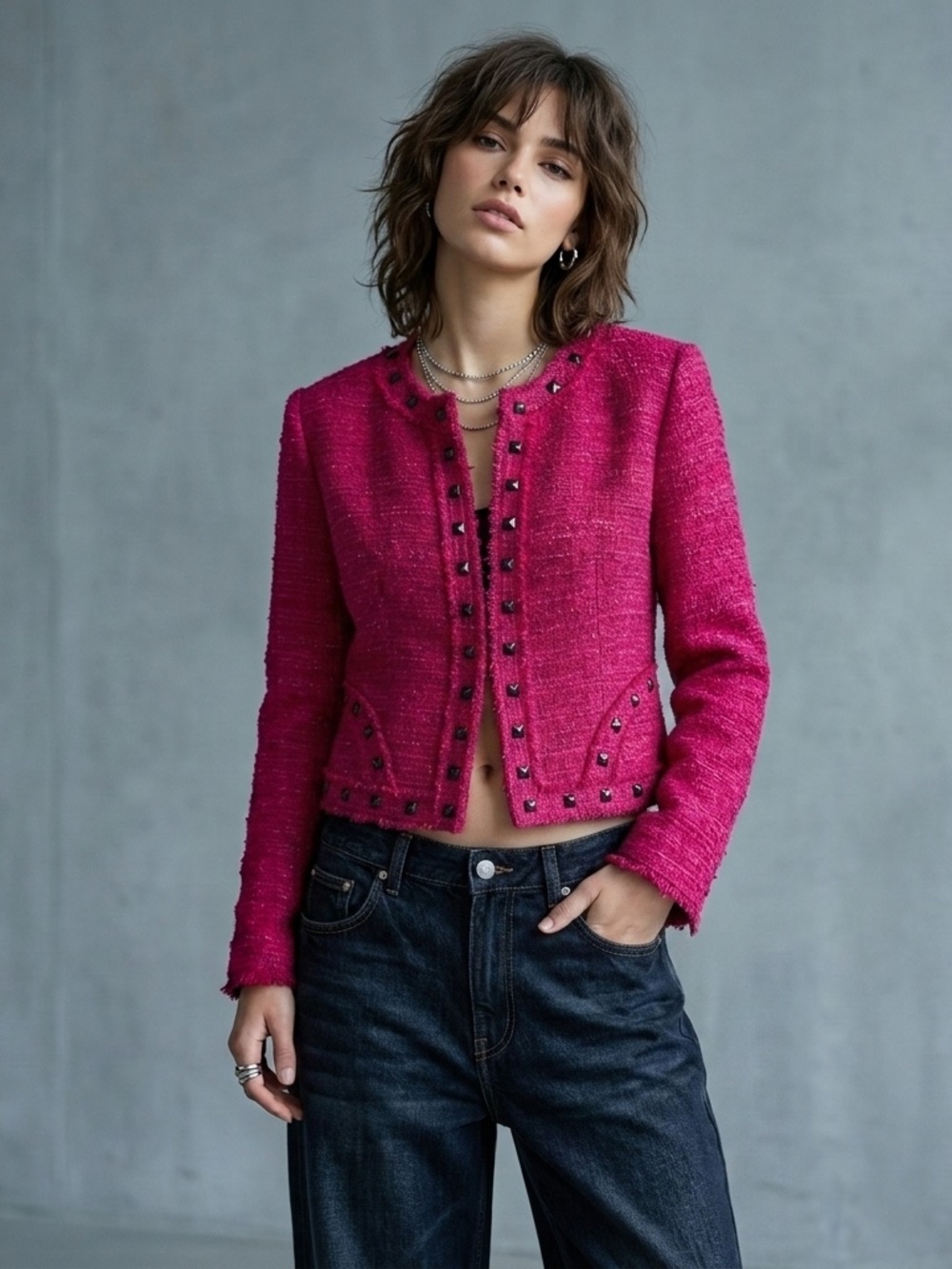 Alberto Makali Fucia Boucle Structured Jacket with Studs Sz 8 Preppy